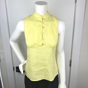 Richard Malcolm Linen Sleeveless Top Yellow Eyelet Embroidery Button Blouse M